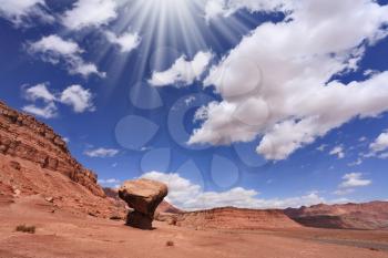 American desert. The famous giant mushroom of red sandstone and the dazzling midday sun