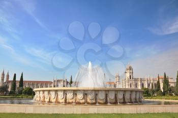 Gorgeous Portugal. Embankment of the River Tagus in Lisbon. A beautiful fountain and amonastery of St. Jerome