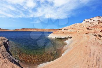 The blue water in the desert rock. Bottling magnificent Lake Powell photographed by Fisheye lens