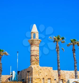 Minaret and fortifications of the Arab period Caesarea. National park Caesarea on the Mediterranean Sea