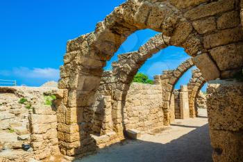 National park Caesarea on the Mediterranean. Israel. Vaulted ceilings of stalls ancient times