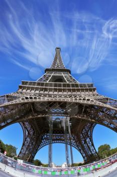 The most famous in the world - the Eiffel Tower. Beautifully photographed from below fisheye lens