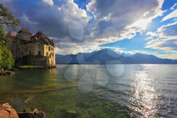 Lake in the mountains. The beginning of autumn in Montreux, Switzerland. Lake Leman in fine weather