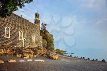  Sea of Galilee in Israel. Jesus then fed with bread and fish hungry people. The Church of the Primacy - Tabgha on the Sea Gennesaret