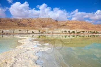 Israeli coast of the Dead Sea. The path from salt picturesquely curls in salty water. 