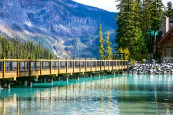  Wooden bridge over Emerald Lake. Camping and coniferous forest. Yoho National Park, Canada