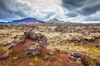 Gloomy Iceland in the summer. Fields covered with lava, in the central part of the island