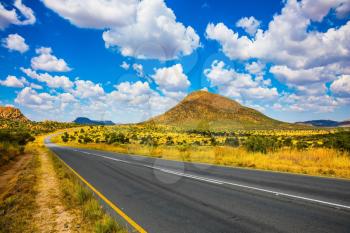 The good asphalt highway in Namibia. Fluffy clouds over the savannah. Along the road low trees and yellowed grass