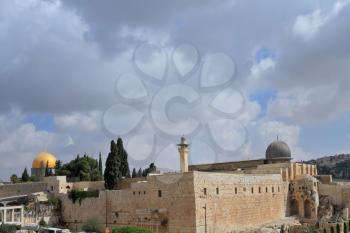 Jerusalem, Israel . The Western Wall of the Temple, the Mosque of Omar and the Al-Aqsa Mosque
