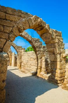 Arch overlappings of malls of antique times. National park Caesarea on the Mediterranean Sea. Israel