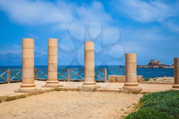 National Park Caesarea, Israel. Ancient columns from the Byzantine period on Mediterranean coast
