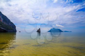 Morning mist on the Andaman Sea, Thailand. In the distance the small and large islands. Great vacation at sea