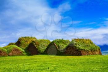 Backyard rural houses. The reconstituted village - Pioneer Museum - Viking. The village first settlers in Iceland