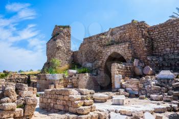 National park Caesarea on the Mediterranean. Israel. Ruins of ancient defensive walls and urban facilities.