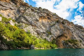 Azure water of the river Verdon, covered with small ripples in the wind. Mercantour National Park, Provence