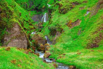 Picturesque cascade multi-stage waterfall. Mountains covered with green grass and moss. July in Iceland