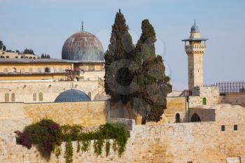The Mosque of Caliph Omar - Al-Aqsa Mosque - and its minaret - the Muslim holy site in Jerusalem.