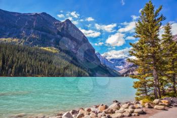 The picturesque promenade at Lake Louise. The emerald waters of the lake surrounded by mountains, glaciers and pine forests