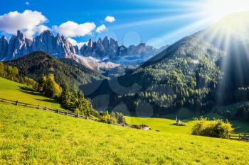 The concept of eco-tourism in Alpine meadows. The morning sun illuminates green valley and picturesque little church of Santa Magdalena in the Dolomites