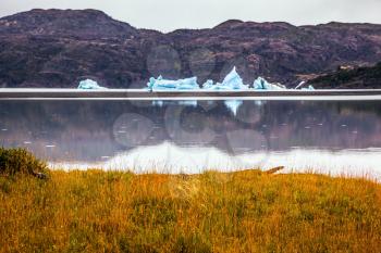 Blue icebergs float on the water. Chile. Lago Gray is a glacial lake in February. Concept of active and exotic tourism