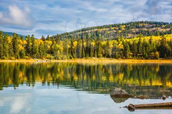Autumn in Jasper Park, Canadian Rockies. Charming Patricia Lake amongst the evergreen forests, yellow bushes and mountains