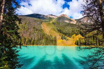 Magic Emerald Lake in the Canadian Rockies. The emerald-green lake surrounded by a pine forest