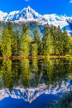 The lake reflected City Park. Concept of active and ecological tourism. The mountain resort of Chamonix, Haute-Savoie