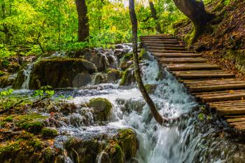 Stormy waterfall in a forest stream. Wooden flooring for tourists. Plitvice Lakes in Croatia on a sunny warm day.  The concept of ecological and active tourism