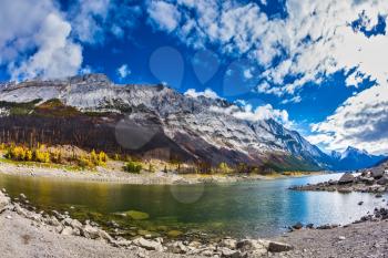  Jasper national park, Canada. The picturesque Medicin Lake, has strongly shoaled in the fall