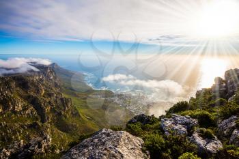View of the sunset in the Atlantic Ocean. National Park Table Mountain South Africa