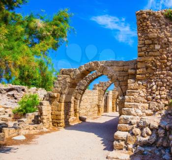 National park Caesarea on the Mediterranean Sea. Israel. Perfectly remained ancient arch overlappings of malls