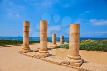 National Park Caesarea, Israel. Ancient columns from the Roman period on Mediterranean coast