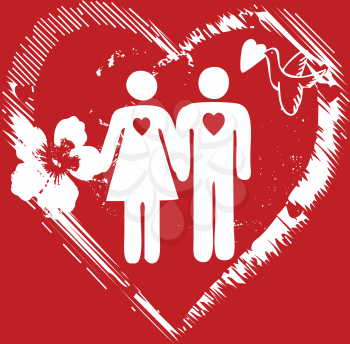 Royalty Free Clipart Image of a Couple on a Red Background With a Flower and a Bird