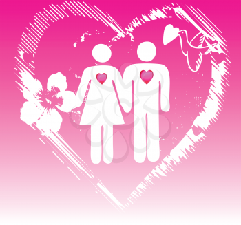 Royalty Free Clipart Image of a Couple In a Heart With a Flower and Bird