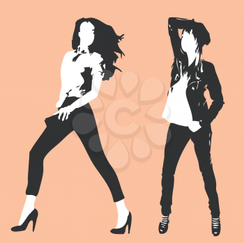 Royalty Free Clipart Image of Two Faceless Posing Women on a Peach Background