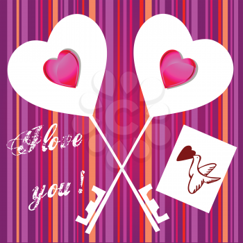 Royalty Free Clipart Image of Two Heart Keys on a Striped Background
