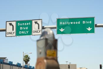 Royalty Free Photo of Sunset and Hollywood Boulevard Signs