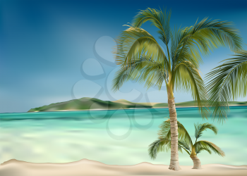 Royalty Free Clipart Image of a Beach With Palm Trees