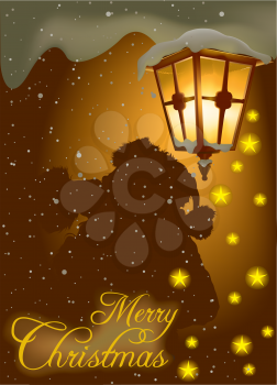 Royalty Free Clipart Image of a Christmas Greeting With an Old Streetlight