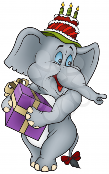 Royalty Free Clipart Image of an Elephant With a Cake and Present