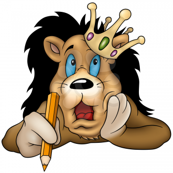 Royalty Free Clipart Image of the King of Beasts With a Pencil