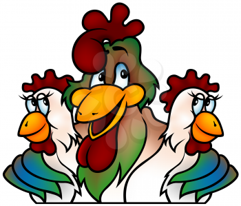 Royalty Free Clipart Image of a Rooster With Two Hens