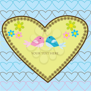 Royalty Free Clipart Image of Lovebirds in a Heart With Flowers in the Corner and Space for Text