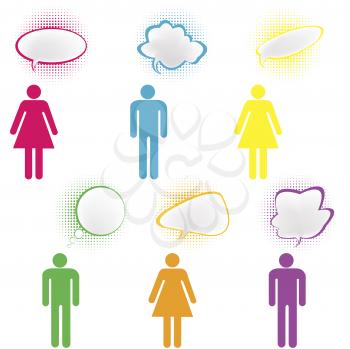 Royalty Free Clipart Image of a Coloured Silhouettes With Matching Thought Bubbles
