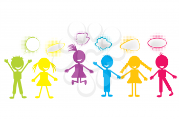 Royalty Free Clipart Image of Silhouette Children With Conversation Bubbles