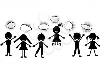 Royalty Free Clipart Image of Silhouette Children With Speech Bubbles