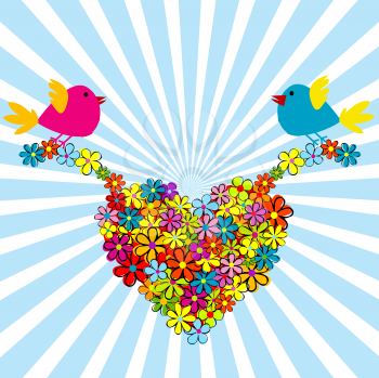 Royalty Free Clipart Image of Two Birds Holding a Floral Heart