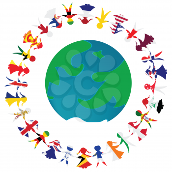 Peacce concept with Earth globe and holding hands people patterned in the World's flags