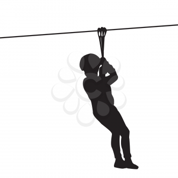 Black silhouette of a kid playing with a tyrolean traverse