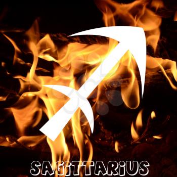 Sagittarius zodiac sign on fire element background